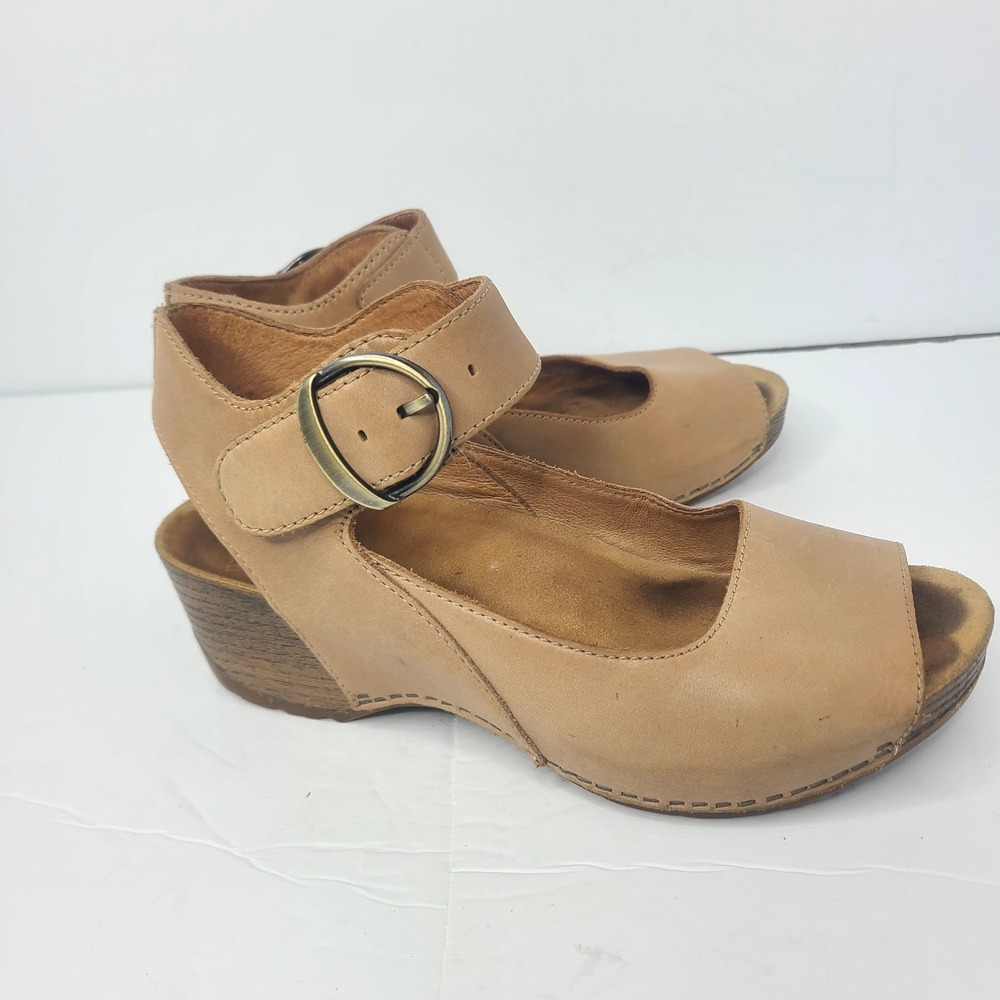 DANSKO Tiana Khaki Beige Leather Peep Toe Wedge Sandals Womens 37 US 6.5-7M